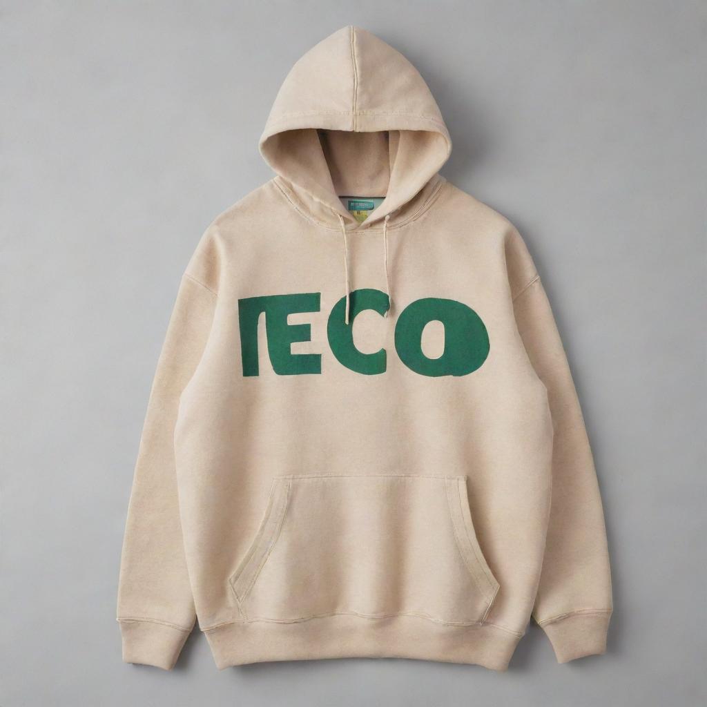 A beige hooded sweatshirt or kangaroo jacket with two light green stripes running down the right sleeve, and the word 'ECO' prominently displayed on the front