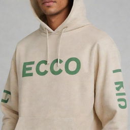 A beige hooded sweatshirt or kangaroo jacket with two light green stripes running down the right sleeve, and the word 'ECO' prominently displayed on the front