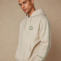 A beige hooded sweatshirt or kangaroo jacket with two light green stripes running down the right sleeve, and the word 'ECO' prominently displayed on the front