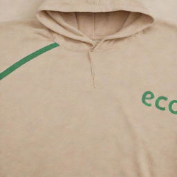 A beige hooded sweatshirt or kangaroo jacket with two light green stripes running down the right sleeve, and the word 'ECO' prominently displayed on the front