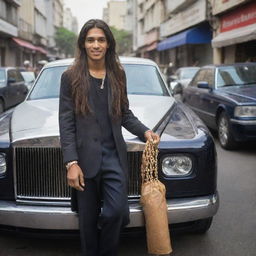 In an unexpected twist, the long-haired 18-year-old chai seller with his noticeable chain is stationed next to his gleaming Rolls Royce parked on the busy street.