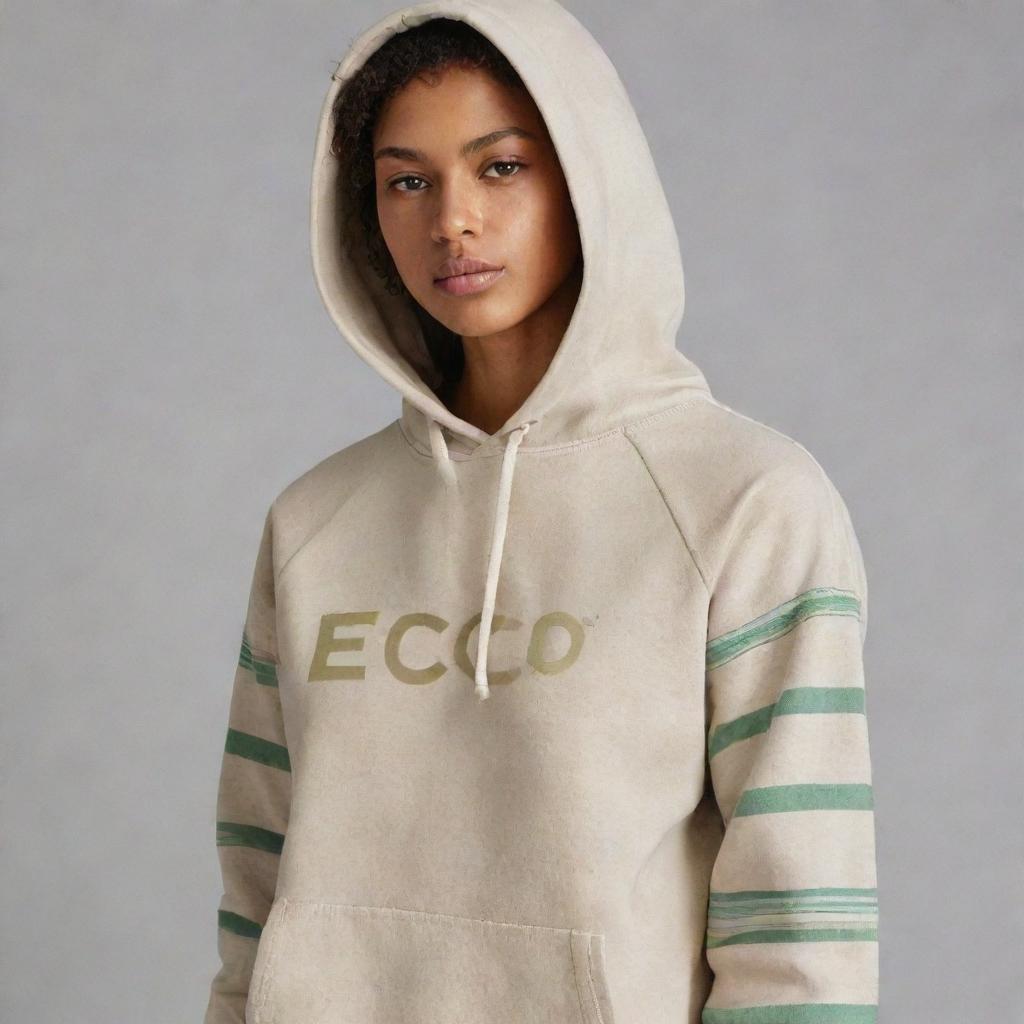 A standalone beige hooded sweatshirt or kangaroo jacket with two light green stripes down the right sleeve, and the word 'ECO' prominently displayed on the front