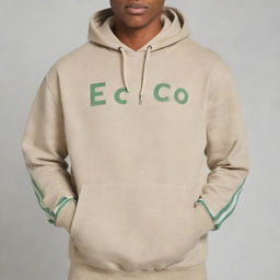 A standalone beige hooded sweatshirt or kangaroo jacket with two light green stripes down the right sleeve, and the word 'ECO' prominently displayed on the front