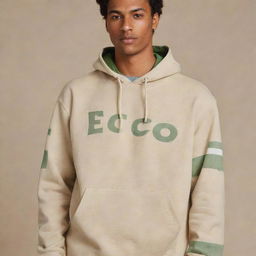 A standalone beige hooded sweatshirt or kangaroo jacket with two light green stripes down the right sleeve, and the word 'ECO' prominently displayed on the front