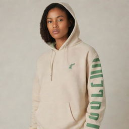 A standalone beige hooded sweatshirt or kangaroo jacket with two light green stripes down the right sleeve, and the word 'ECO' prominently displayed on the front