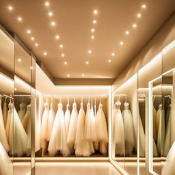 Elegant wedding dress workshop changing room, 3.6x4.35 meters, multidirectional lighting, ceiling mirrors with indirect lighting reflection, luxurious interior design.