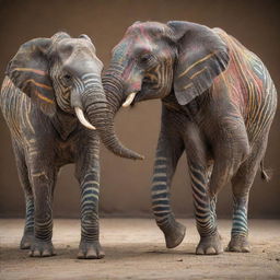 An extraordinary artistry of an elephant and zebra deeply intertwined in a captivating dance of genetic fusion, strikingly detailed and radiant with colors.