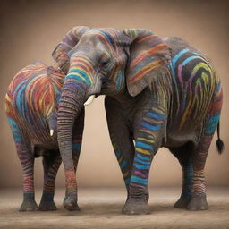 An extraordinary artistry of an elephant and zebra deeply intertwined in a captivating dance of genetic fusion, strikingly detailed and radiant with colors.