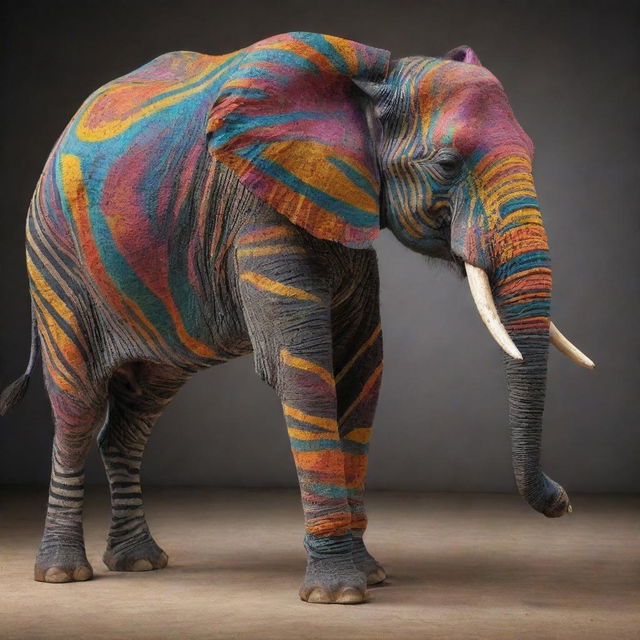 An extraordinary artistry of an elephant and zebra deeply intertwined in a captivating dance of genetic fusion, strikingly detailed and radiant with colors.