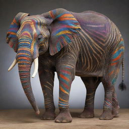 An extraordinary artistry of an elephant and zebra deeply intertwined in a captivating dance of genetic fusion, strikingly detailed and radiant with colors.