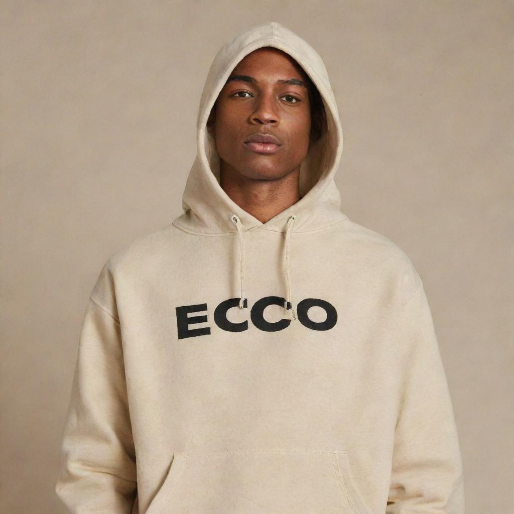 A standalone beige hooded sweatshirt or kangaroo jacket with two black stripes down the right sleeve, and the word 'ECO' prominently displayed on the front