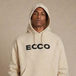 A standalone beige hooded sweatshirt or kangaroo jacket with two black stripes down the right sleeve, and the word 'ECO' prominently displayed on the front