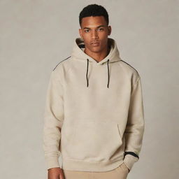 A standalone beige hooded sweatshirt or kangaroo jacket with two black stripes down the right sleeve, and the word 'ECO' prominently displayed on the front