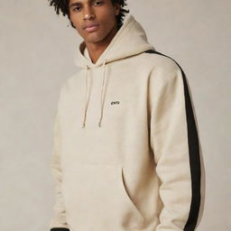 A standalone beige hooded sweatshirt or kangaroo jacket with two black stripes down the right sleeve, and the word 'ECO' prominently displayed on the front