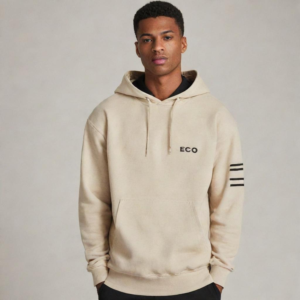 A standalone beige hooded sweatshirt or kangaroo jacket with two black stripes down the right sleeve, and the word 'ECO' prominently displayed on the front