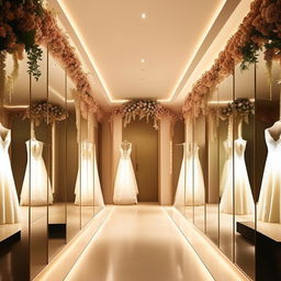 Elegant wedding dress workshop changing room, 3.6x4.35 meters, multidirectional lighting, ceiling mirrors with indirect lighting reflection, luxurious interior design.