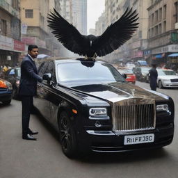 A surreal concept: the polished black Rolls Royce Phantom besides the chai seller unexpectedly sprouts majestic, feathered wings, making it a spectacle amidst the bustling city chaos.