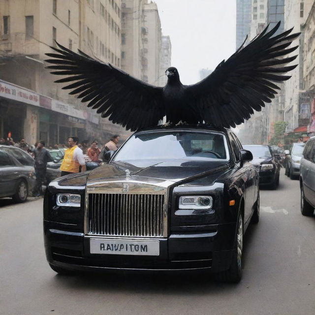 A surreal concept: the polished black Rolls Royce Phantom besides the chai seller unexpectedly sprouts majestic, feathered wings, making it a spectacle amidst the bustling city chaos.