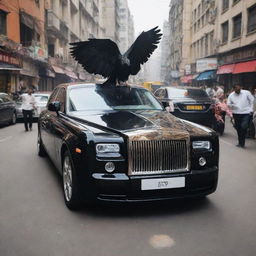 A surreal concept: the polished black Rolls Royce Phantom besides the chai seller unexpectedly sprouts majestic, feathered wings, making it a spectacle amidst the bustling city chaos.