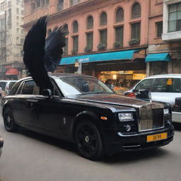 A surreal concept: the polished black Rolls Royce Phantom besides the chai seller unexpectedly sprouts majestic, feathered wings, making it a spectacle amidst the bustling city chaos.