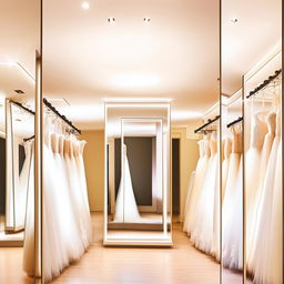 Elegant wedding dress workshop changing room, 3.6x4.35 meters, multidirectional lighting, ceiling mirrors with indirect lighting reflection, luxurious interior design.