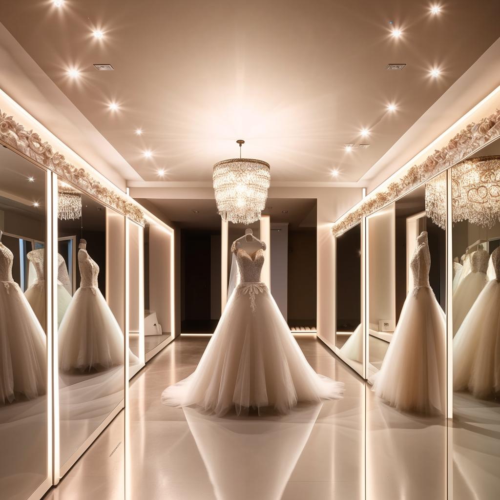 Elegant wedding dress workshop changing room, 3.6x4.35 meters, multidirectional lighting, ceiling mirrors with indirect lighting reflection, luxurious interior design.