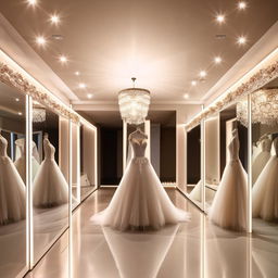 Elegant wedding dress workshop changing room, 3.6x4.35 meters, multidirectional lighting, ceiling mirrors with indirect lighting reflection, luxurious interior design.