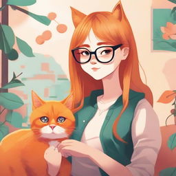 A high-quality digital art piece featuring a vibrant orange cat sitting next to a girl with glasses