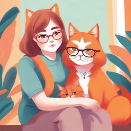 A high-quality digital art piece featuring a vibrant orange cat sitting next to a girl with glasses