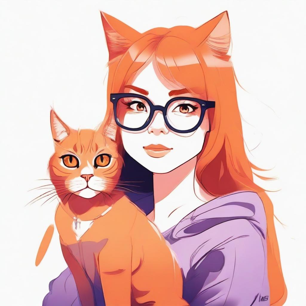 A high-quality digital art piece featuring a vibrant orange cat sitting next to a girl with glasses