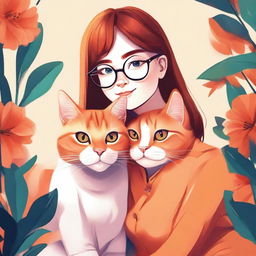 A high-quality digital art piece featuring a vibrant orange cat sitting next to a girl with glasses