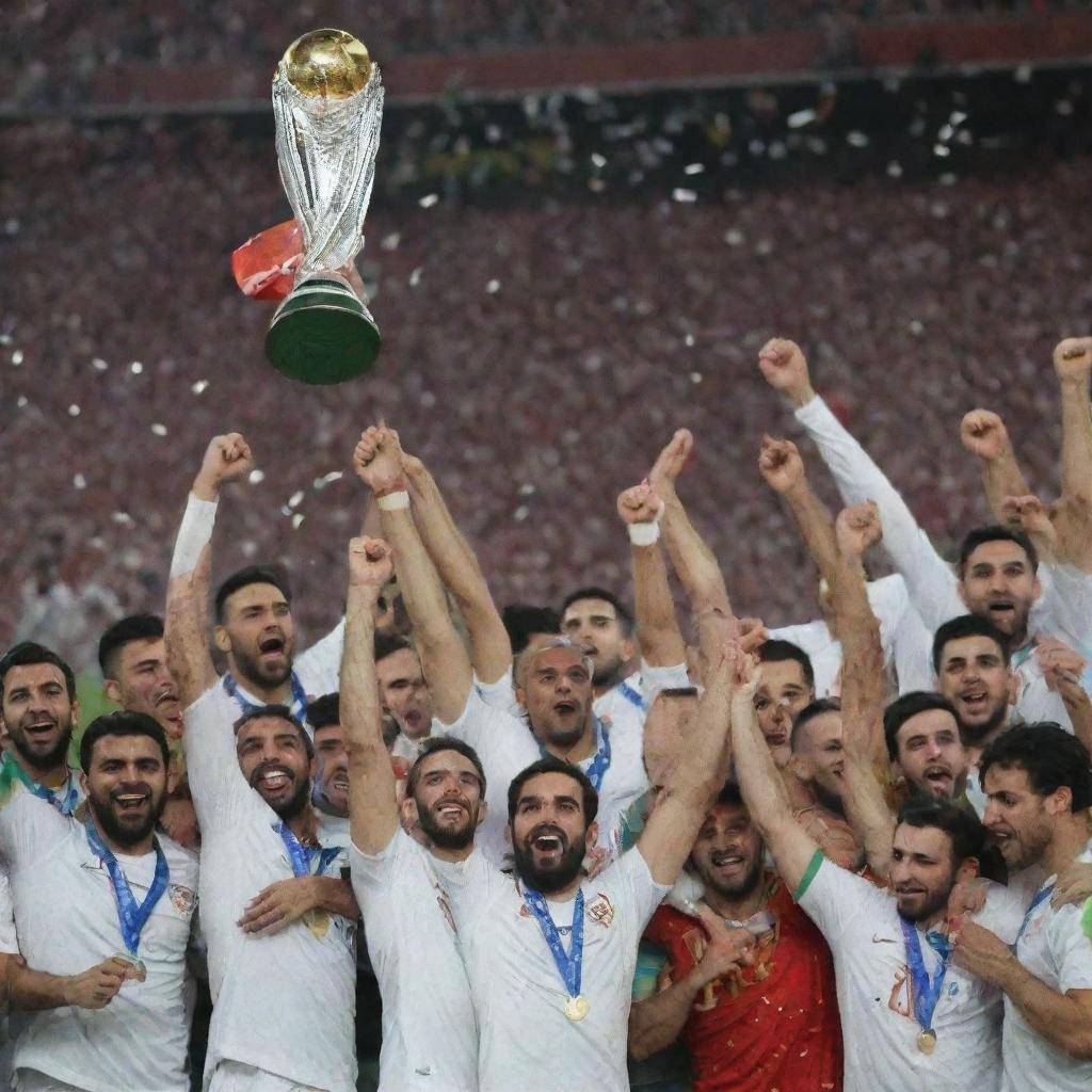 The Iranian football team triumphantly holding up the AFC Asian Cup trophy in 2023, surrounded by cheering fans and pouring confetti.