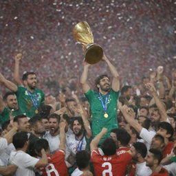 The Iranian football team triumphantly holding up the AFC Asian Cup trophy in 2023, surrounded by cheering fans and pouring confetti.