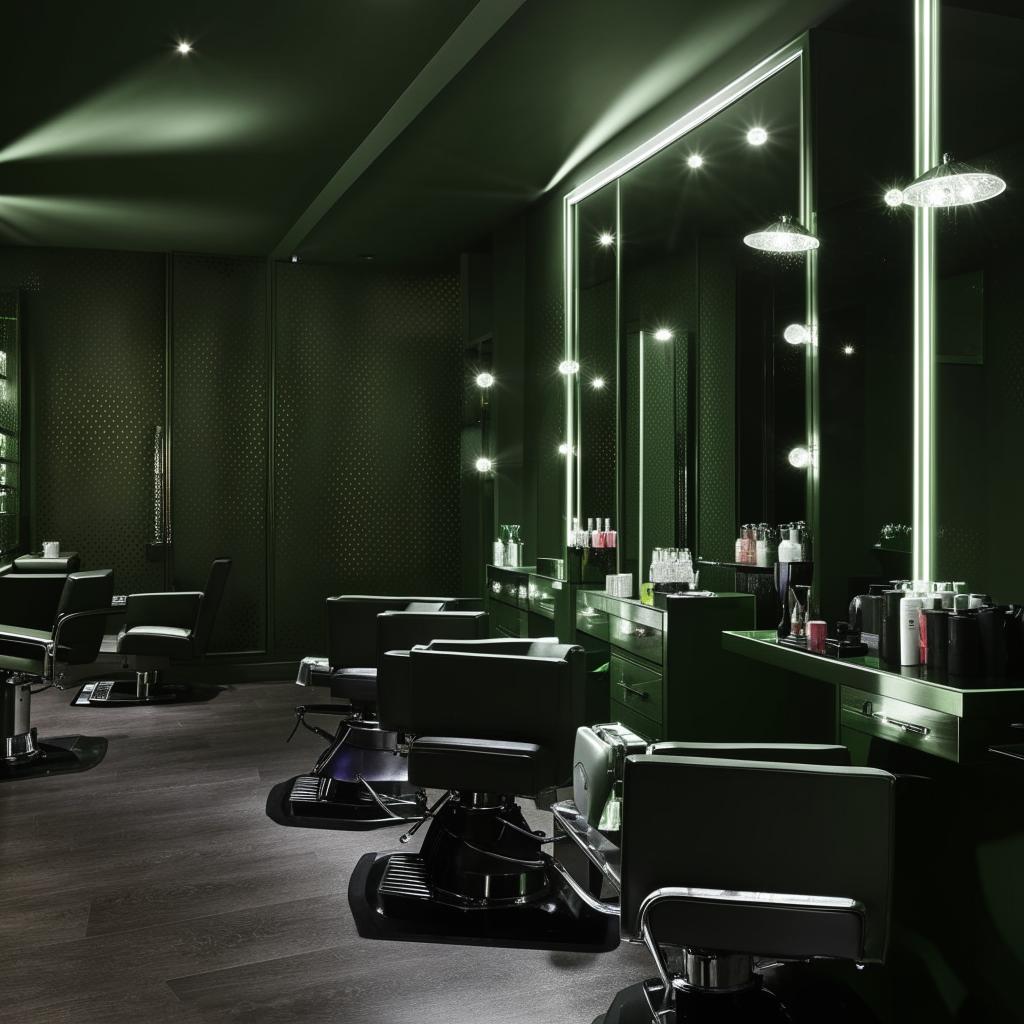 Elegant dark green salon interior design with seven pieces of furniture, sophisticated decor, high-detail lighting, luxurious ambiance.