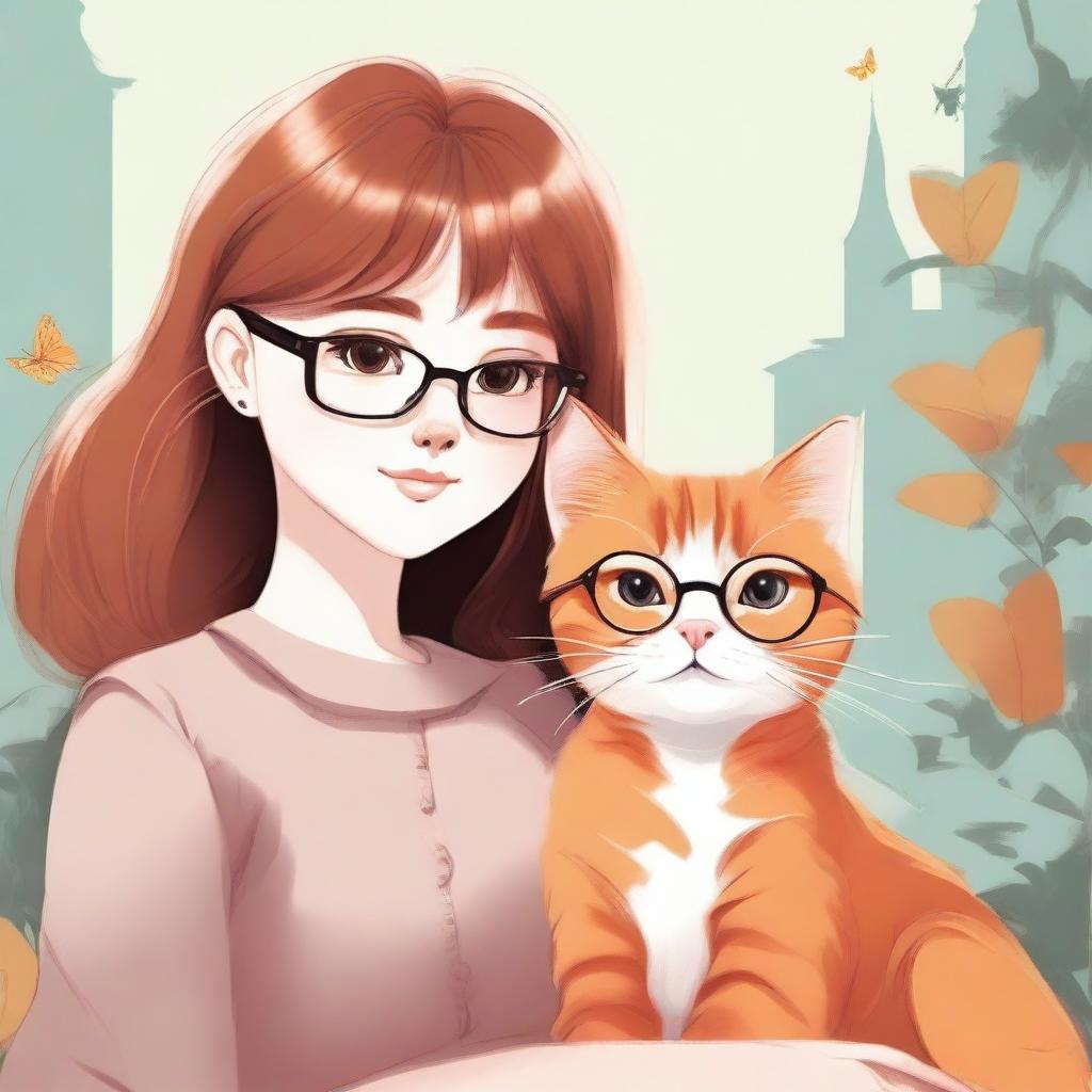 An exquisite digital art illustration of a charming orange cat sitting alongside a girl with round glasses and brown hair