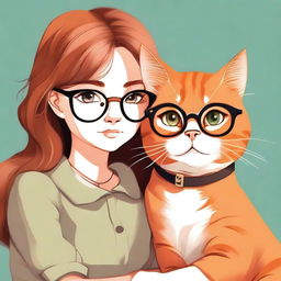 An exquisite digital art illustration of a charming orange cat sitting alongside a girl with round glasses and brown hair