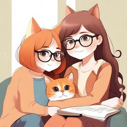 An exquisite digital art illustration of a charming orange cat sitting alongside a girl with round glasses and brown hair