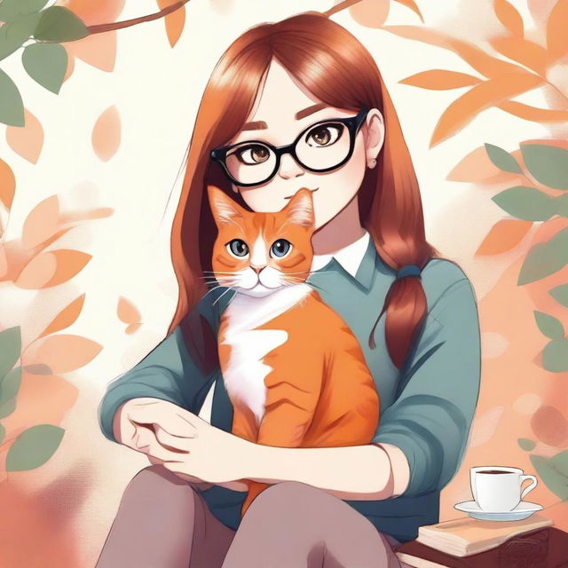 An exquisite digital art illustration of a charming orange cat sitting alongside a girl with round glasses and brown hair