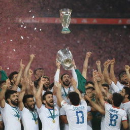 The Iranian football team triumphantly holding up the AFC Asian Cup trophy in 2023, surrounded by cheering fans and pouring confetti.