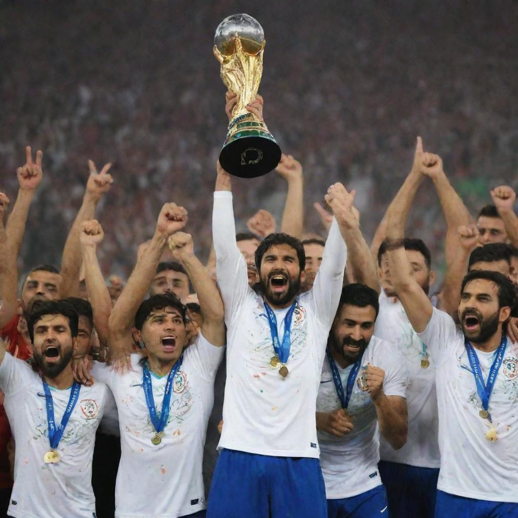 The Iranian football team triumphantly holding up the AFC Asian Cup trophy in 2023, surrounded by cheering fans and pouring confetti.