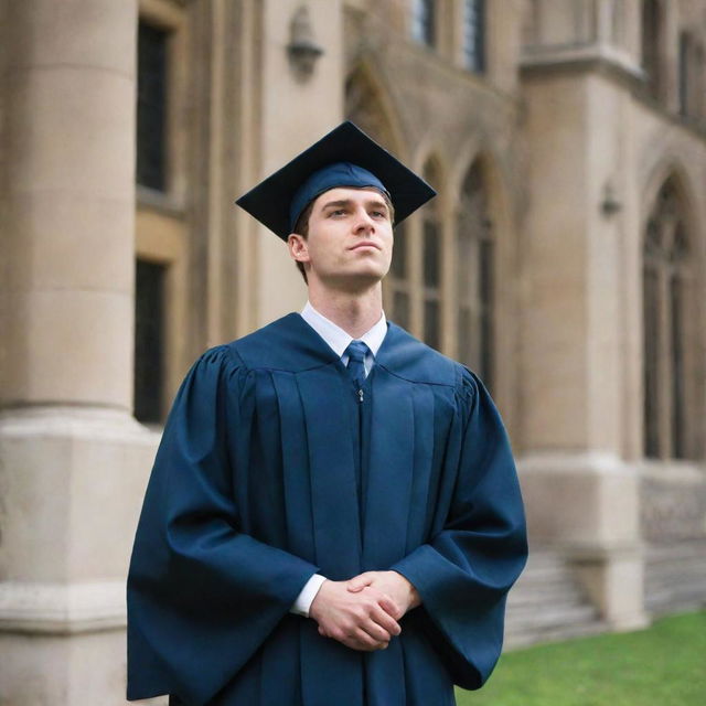 A university graduate standing, looking at his alma mater while wearing graduation attire.