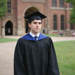 A university graduate standing, looking at his alma mater while wearing graduation attire.