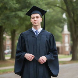 A university graduate standing, looking at his alma mater while wearing graduation attire.