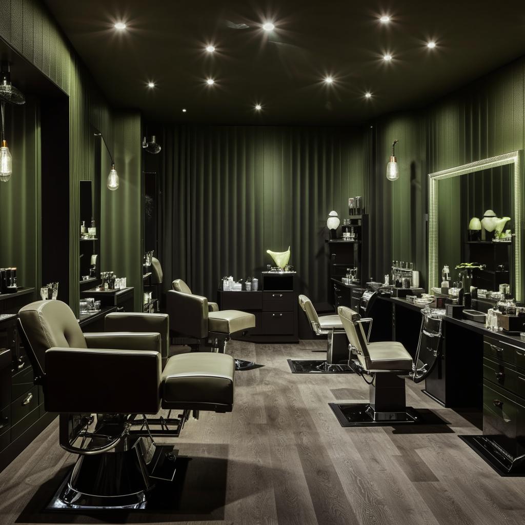 Elegant dark green salon interior design with seven pieces of furniture, sophisticated decor, high-detail lighting, luxurious ambiance.