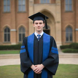 A university graduate standing, looking at his alma mater while wearing graduation attire.