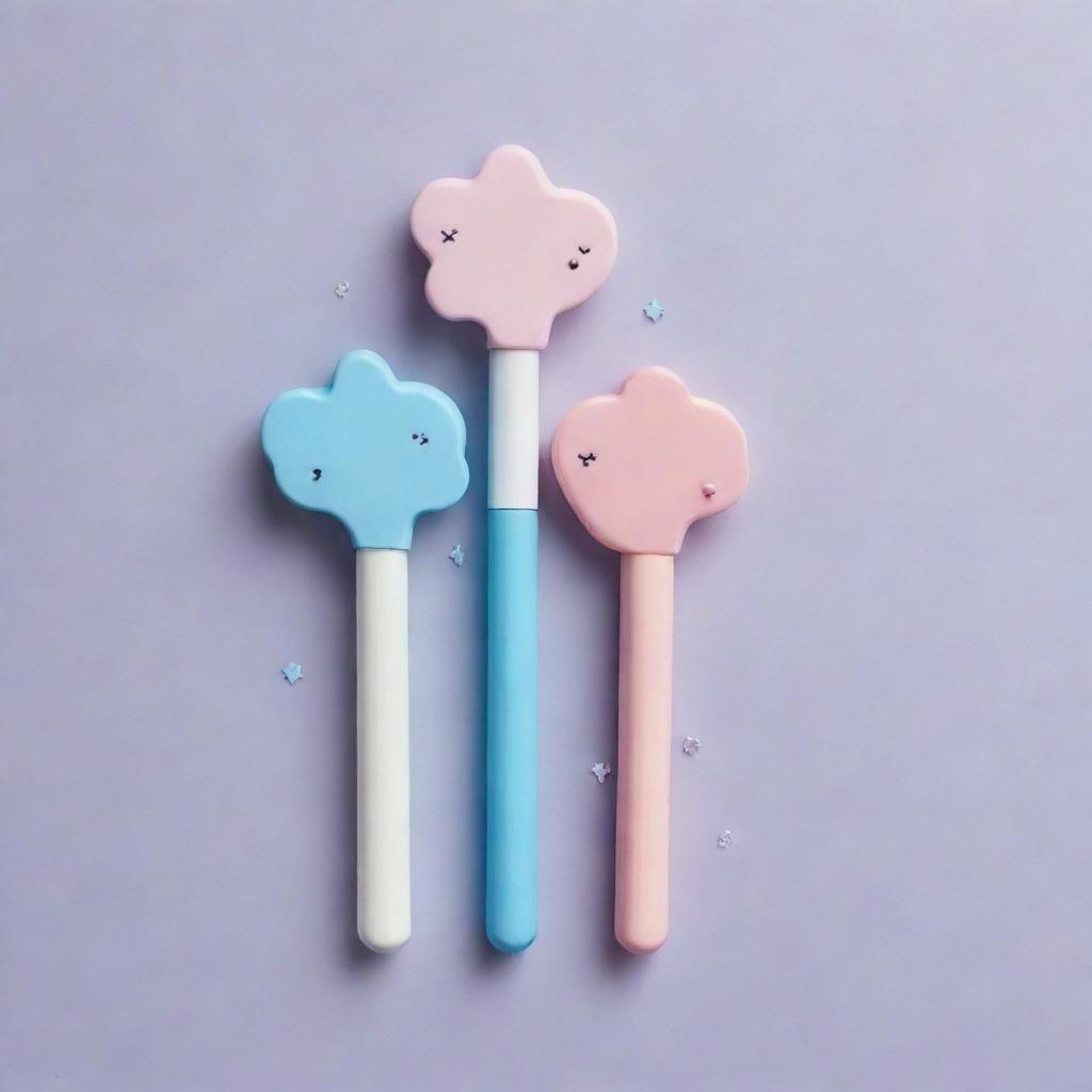 Design a unique and creative lightstick, sporting elements of waves, diamonds, hearts, stars, and the motif 'SSS'. The palette should include pastel shades, white, black, and blue, and the object should exude cuteness and beauty.