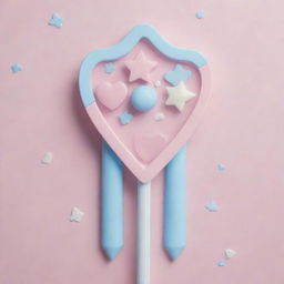 Design a unique and creative lightstick, sporting elements of waves, diamonds, hearts, stars, and the motif 'SSS'. The palette should include pastel shades, white, black, and blue, and the object should exude cuteness and beauty.