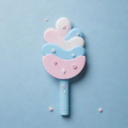 Design a unique and creative lightstick, sporting elements of waves, diamonds, hearts, stars, and the motif 'SSS'. The palette should include pastel shades, white, black, and blue, and the object should exude cuteness and beauty.