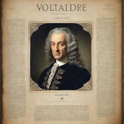 Produce a visually engaging educational poster about Voltaire, highlighting his life, philosophical and psychological insights from his work 'Candide', supplemented with appropriate photographs of Voltaire.