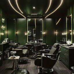 Elegant dark green salon interior design with seven pieces of furniture, sophisticated decor, high-detail lighting, luxurious ambiance.